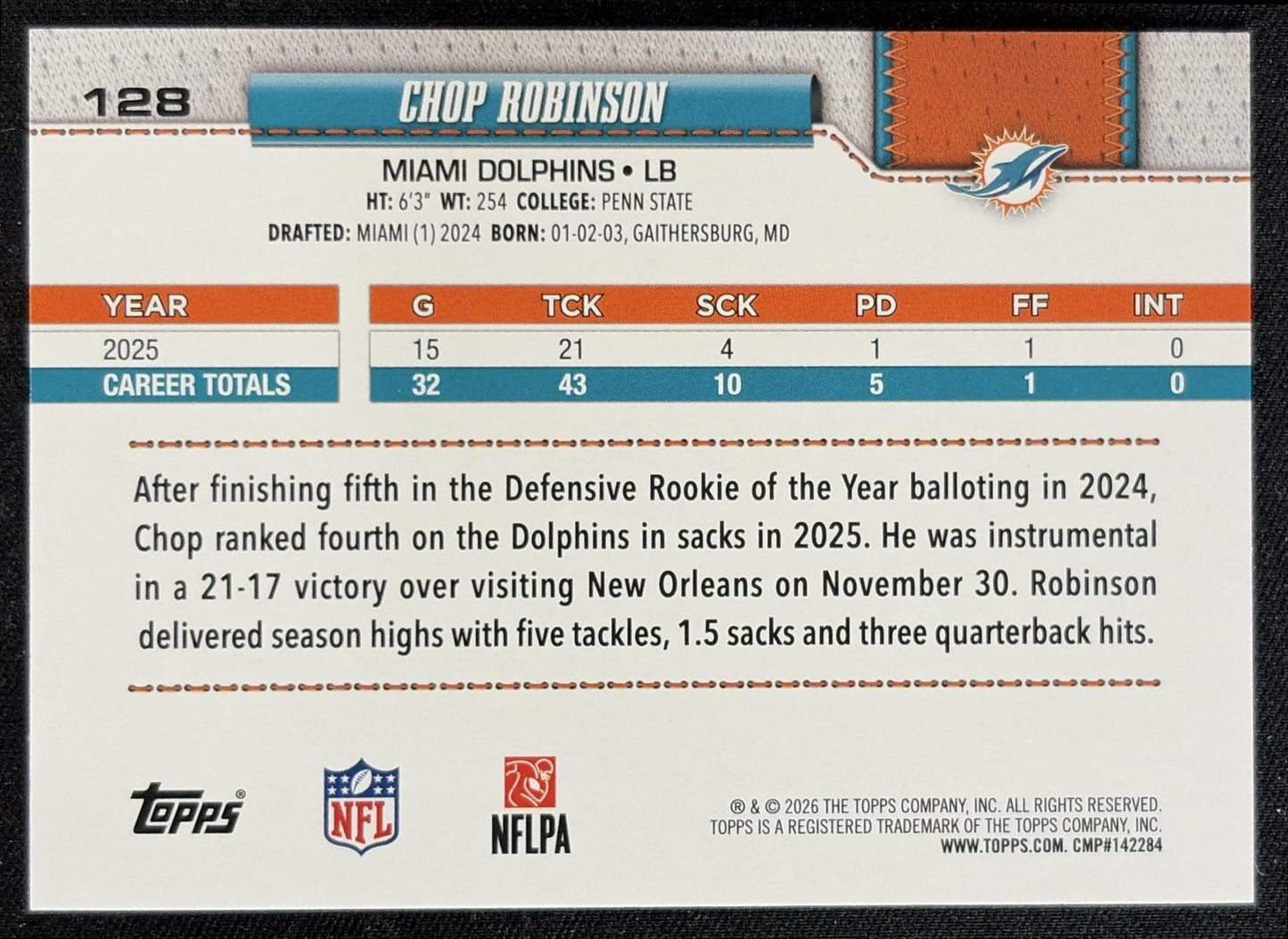 Chop Robinson 2026 Topps Pink Diamante Foil Dolphins back