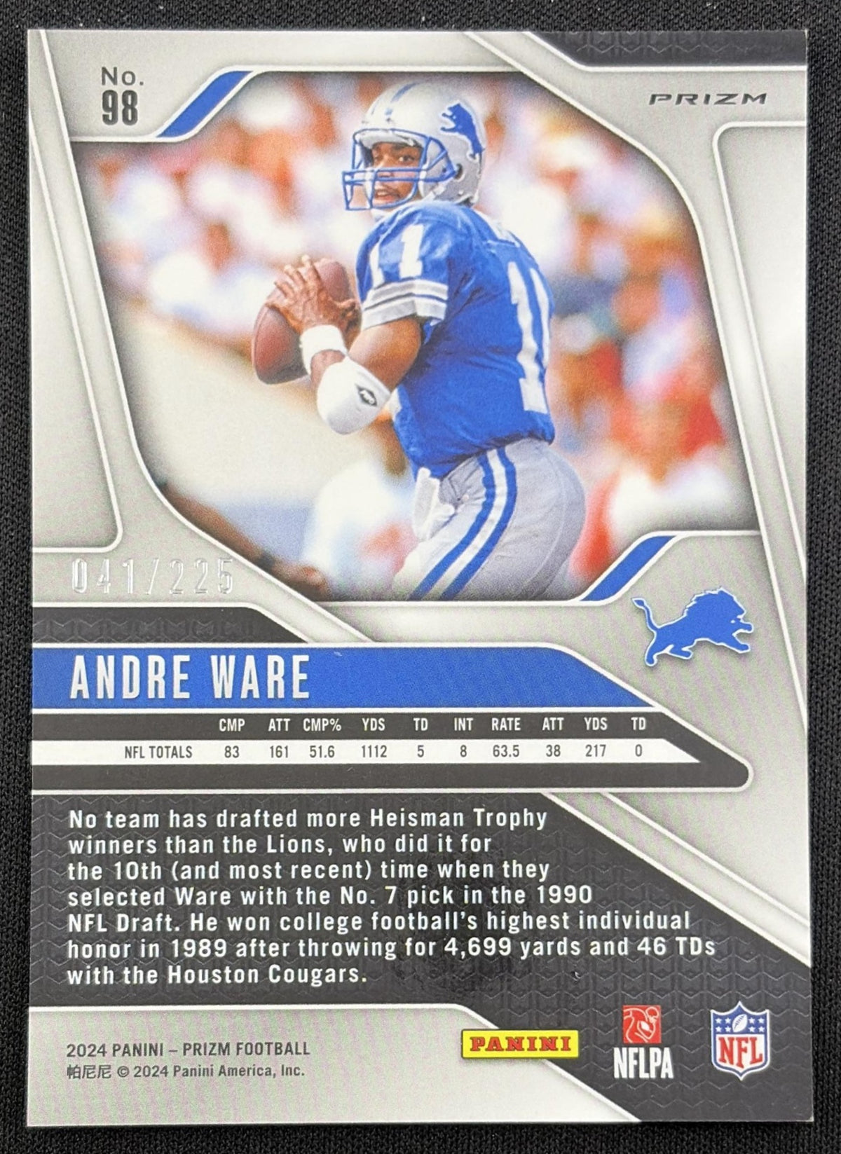 Andre Ware 2024 Panini Prizm Purple Ice /225 Lions back
