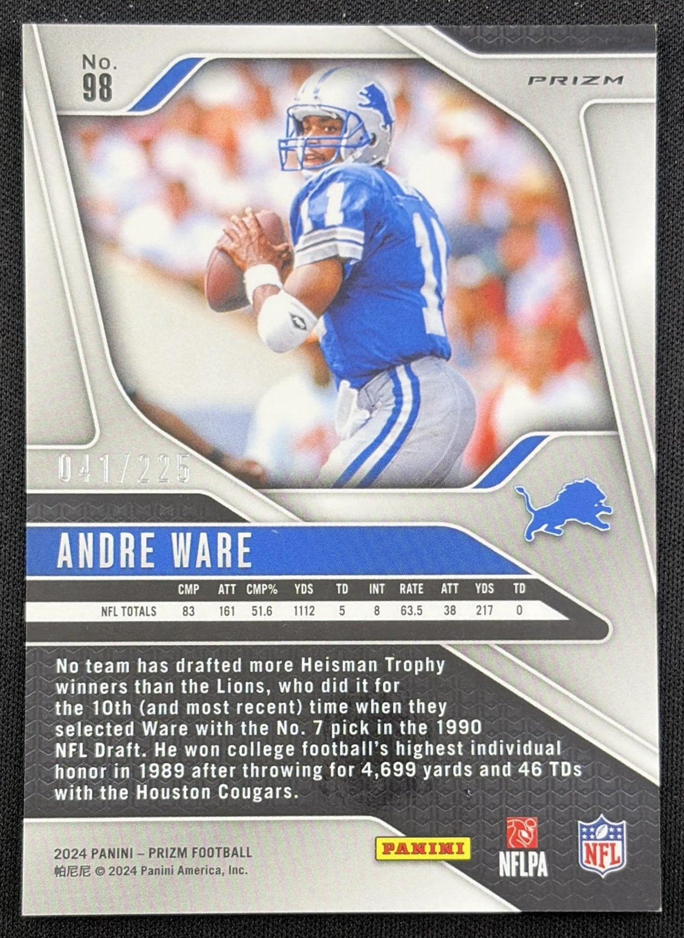 Andre Ware 2024 Panini Prizm Purple Ice /225 Lions back