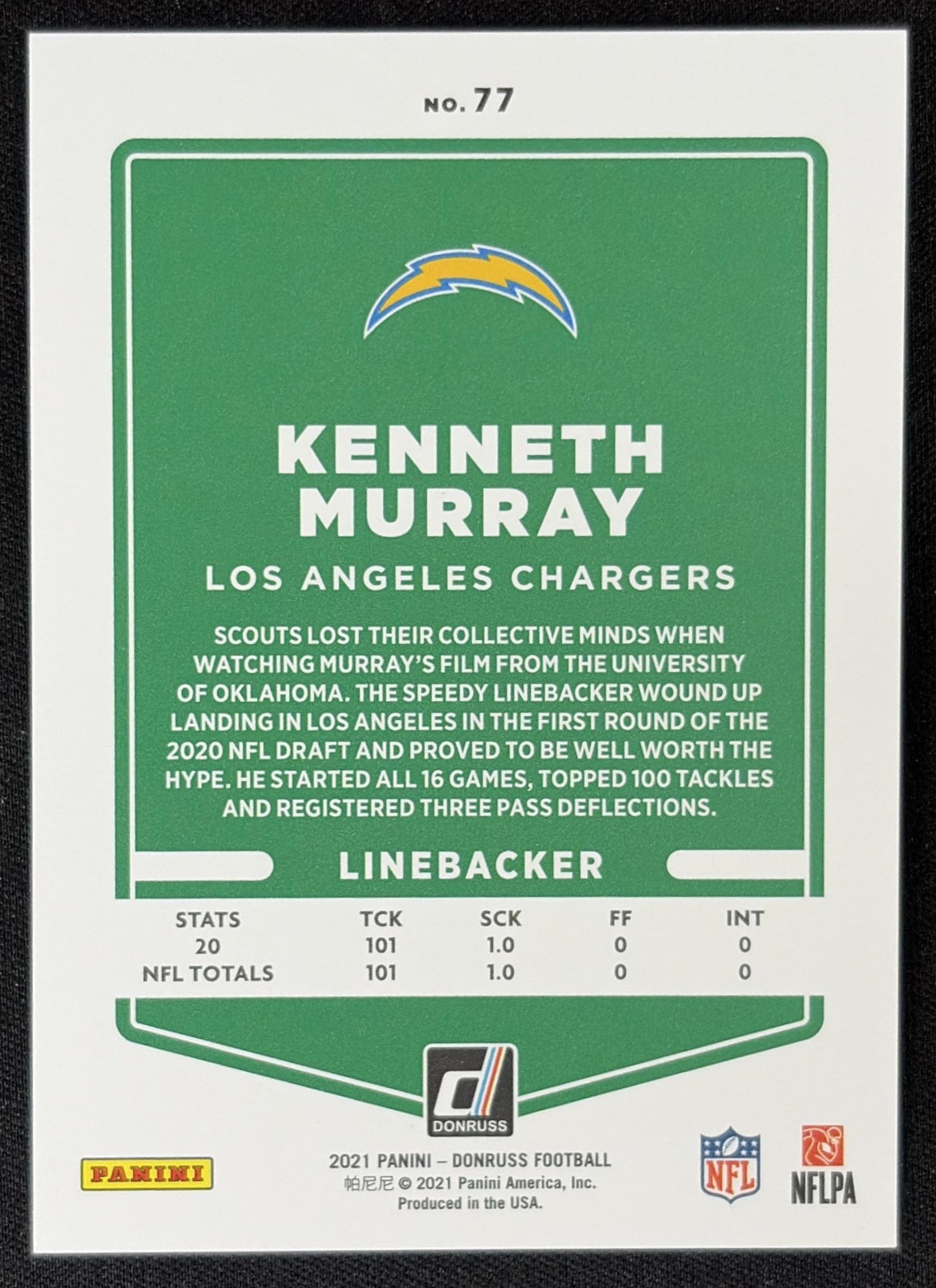 Kenneth Murray 2021 Panini Donruss Press Proof Premium Chargers Sports Trading Card