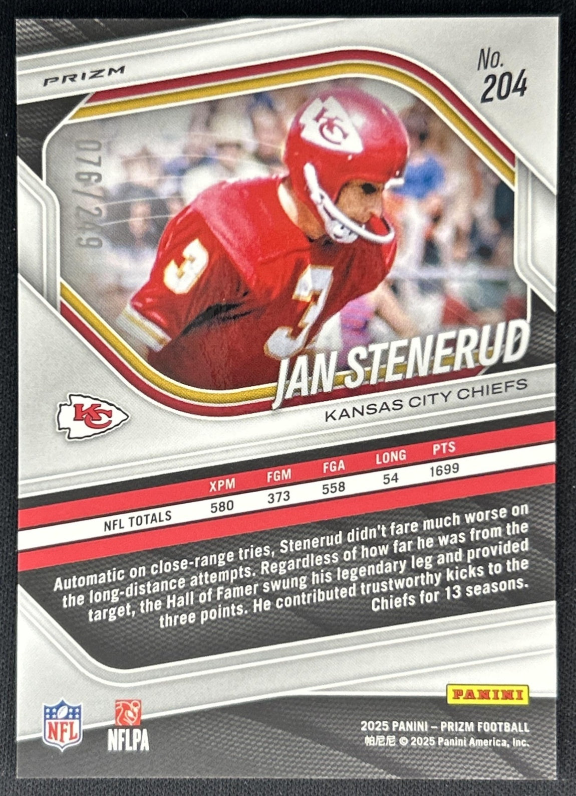 Jan Stenerud 2025 Panini Prizm Orange /249 Chiefs back