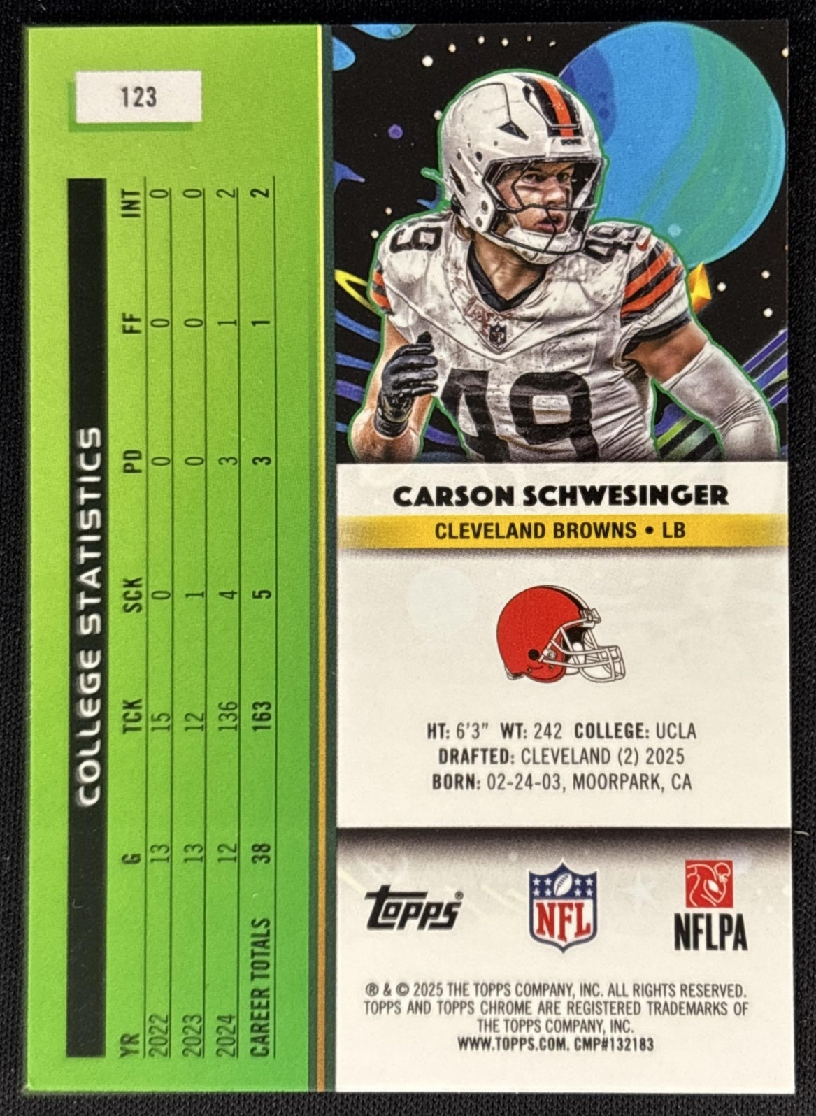 Carson Schwesinger 2025 Topps Cosmic Chrome Browns