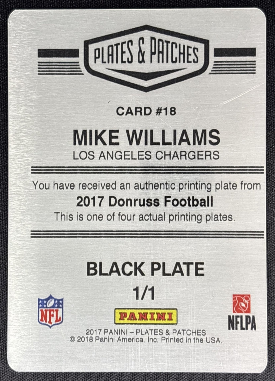 Mike Williams 2018 Panini Donruss Gridiron Kings Printing Plate Black 1/1 Chargers Sports Trading Cards