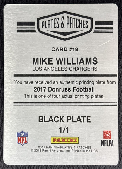 Mike Williams 2018 Panini Donruss Gridiron Kings Printing Plate Black 1/1 Chargers Sports Trading Cards