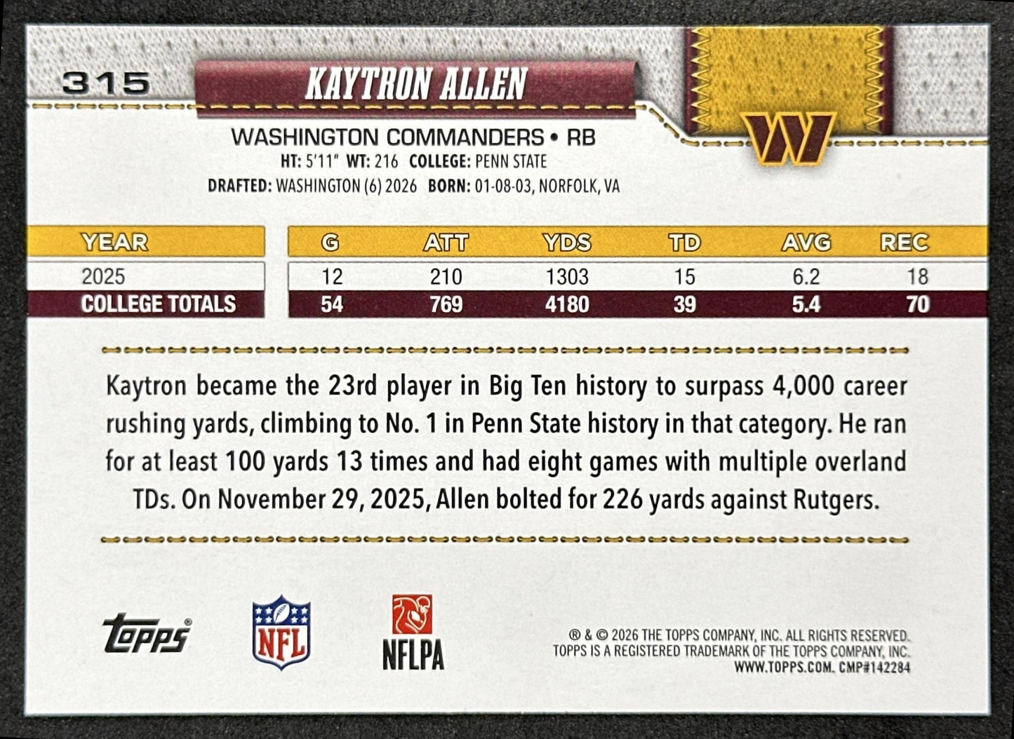 Kaytron Allen 2026 Topps Flagship Rookie Commanders Sports Trading Card
