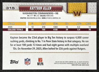 Kaytron Allen 2026 Topps Flagship Rookie Commanders Sports Trading Card