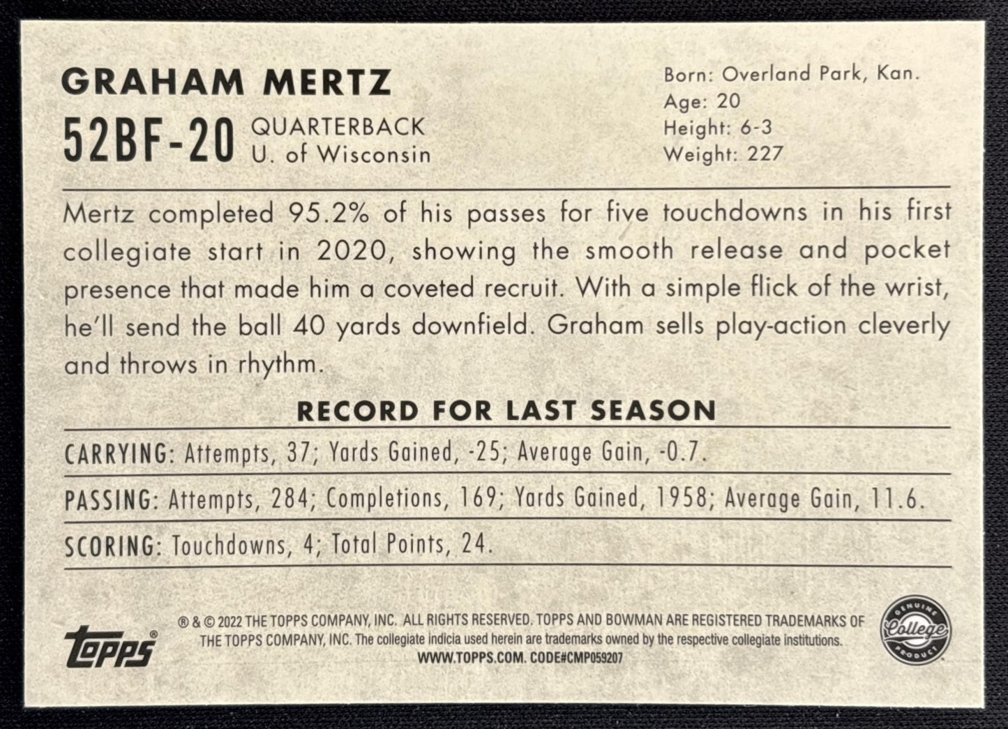 Graham Mertz 2022 Bowman University Chrome 1952 Badgers back