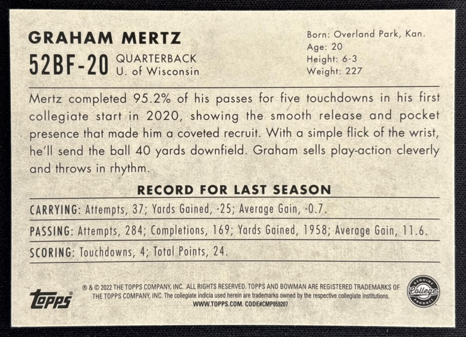 Graham Mertz 2022 Bowman University Chrome 1952 Badgers back