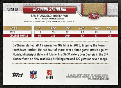 De'Zhaun Stribling 2026 Topps Flagship Rookie 49ers Sports Trading Card