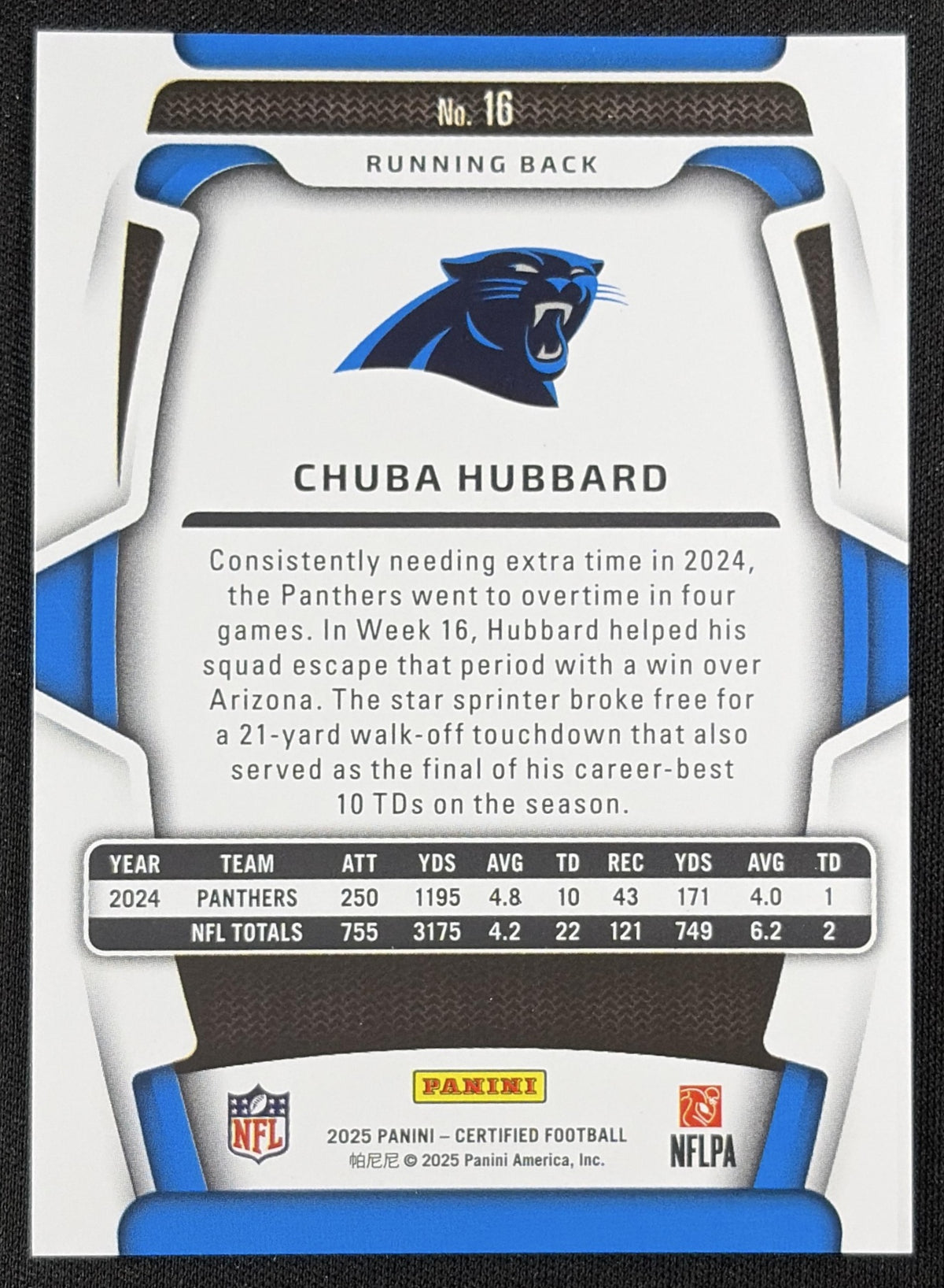 Chuba Hubbard 2025 Panini Certified Mirror Purple /299 Panthers