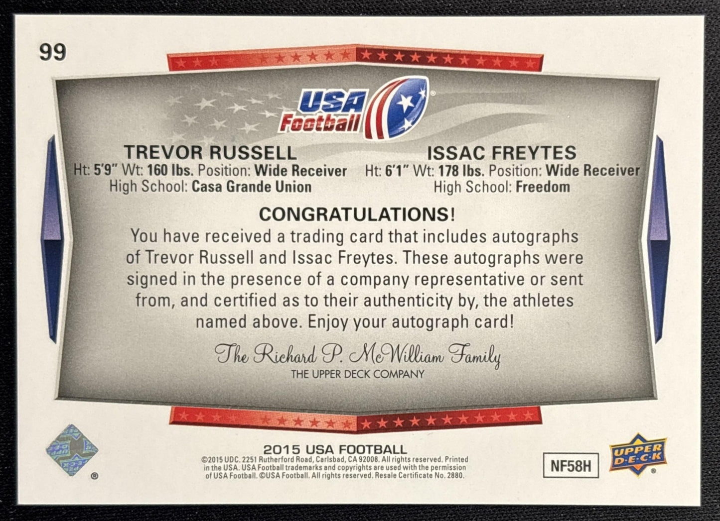 Trevor Russell Issac Freytes 2015 Upper Deck USA Football Auto back