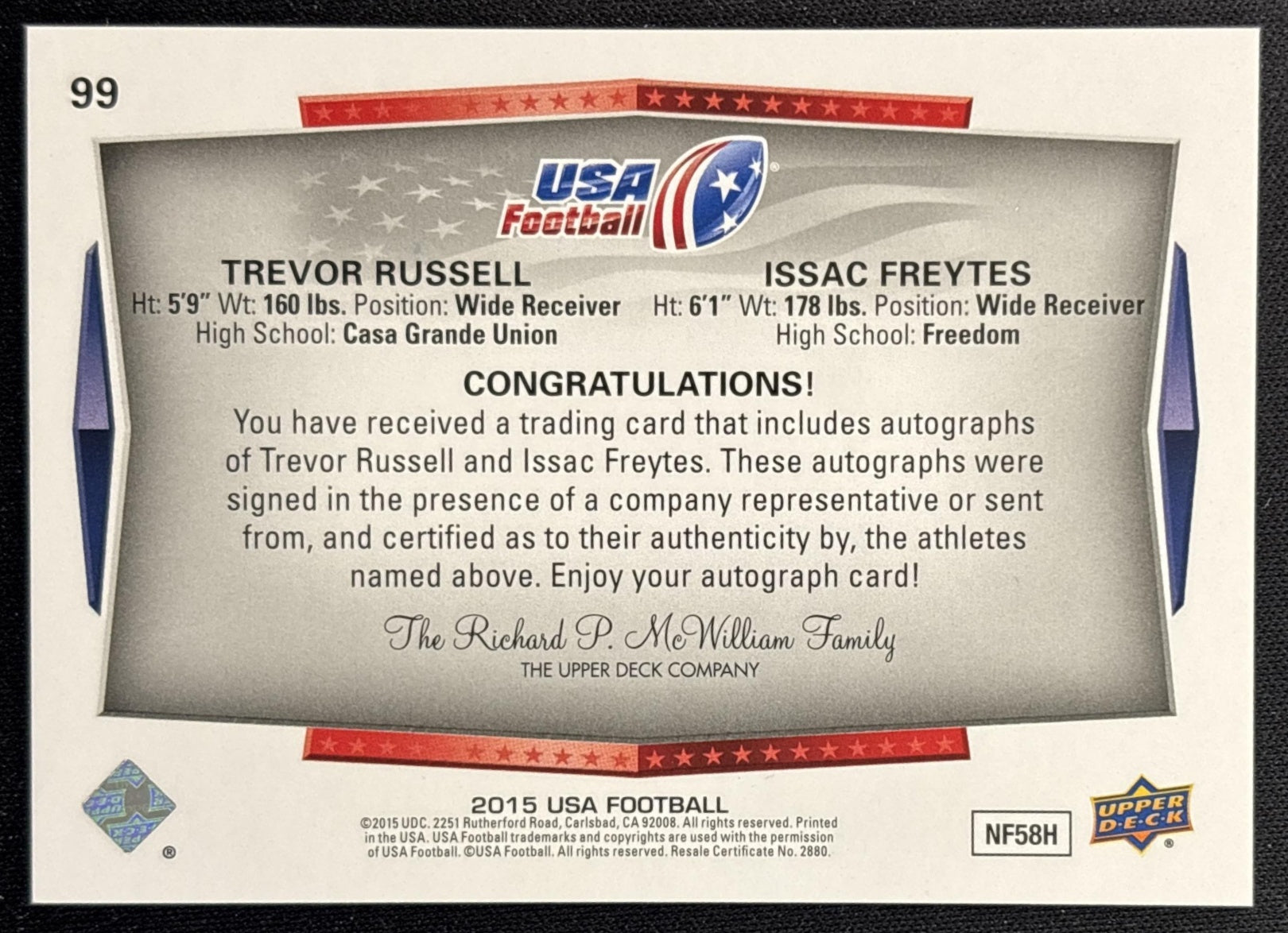 Trevor Russell Issac Freytes 2015 Upper Deck USA Football Auto back