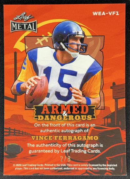 Vince Ferragamo 2026 Metal Armed and Dangerous Western Auto Prismatic Platinum Blue /8 Rams back