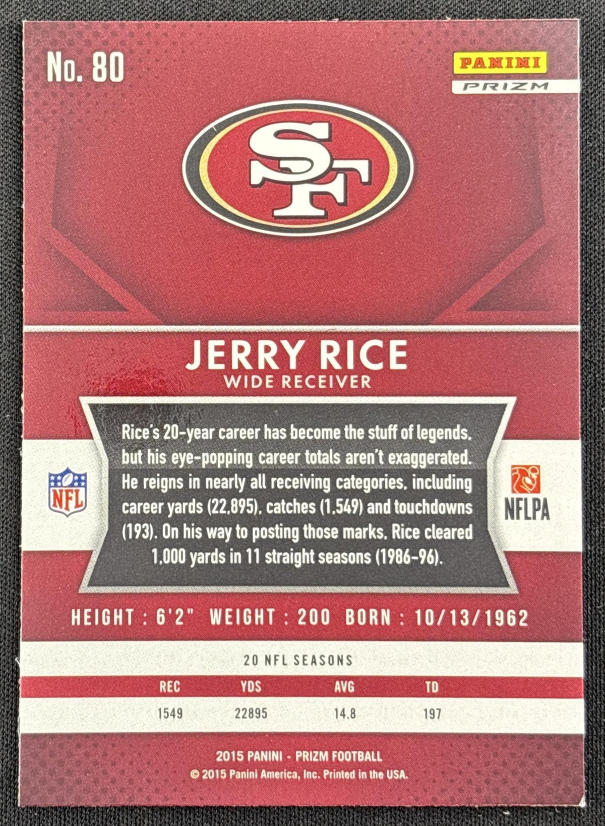 Jerry Rice 2015 Panini Prizm Silver 49ers - back