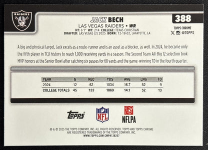 Jack Bech 2025 Topps Chrome Rookie Red/White/Blue Refractor Raiders Sports Trading Cards