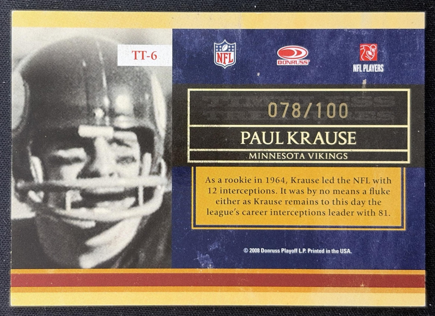 Paul Krause 2008 Donruss Classics Timeless Treasures /100 Vikings