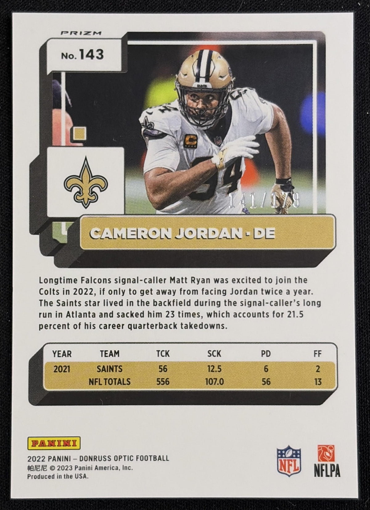Cameron Jordan 2022 Panini Donruss Optic Blue /179 Saints - back