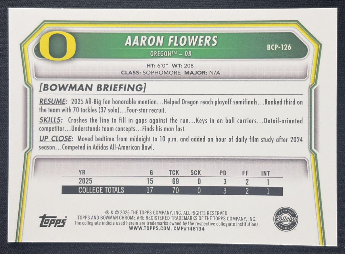 Aaron Flowers 2026 Bowman Chrome Prospects Mojo Refractor Ducks Sports Trading Card