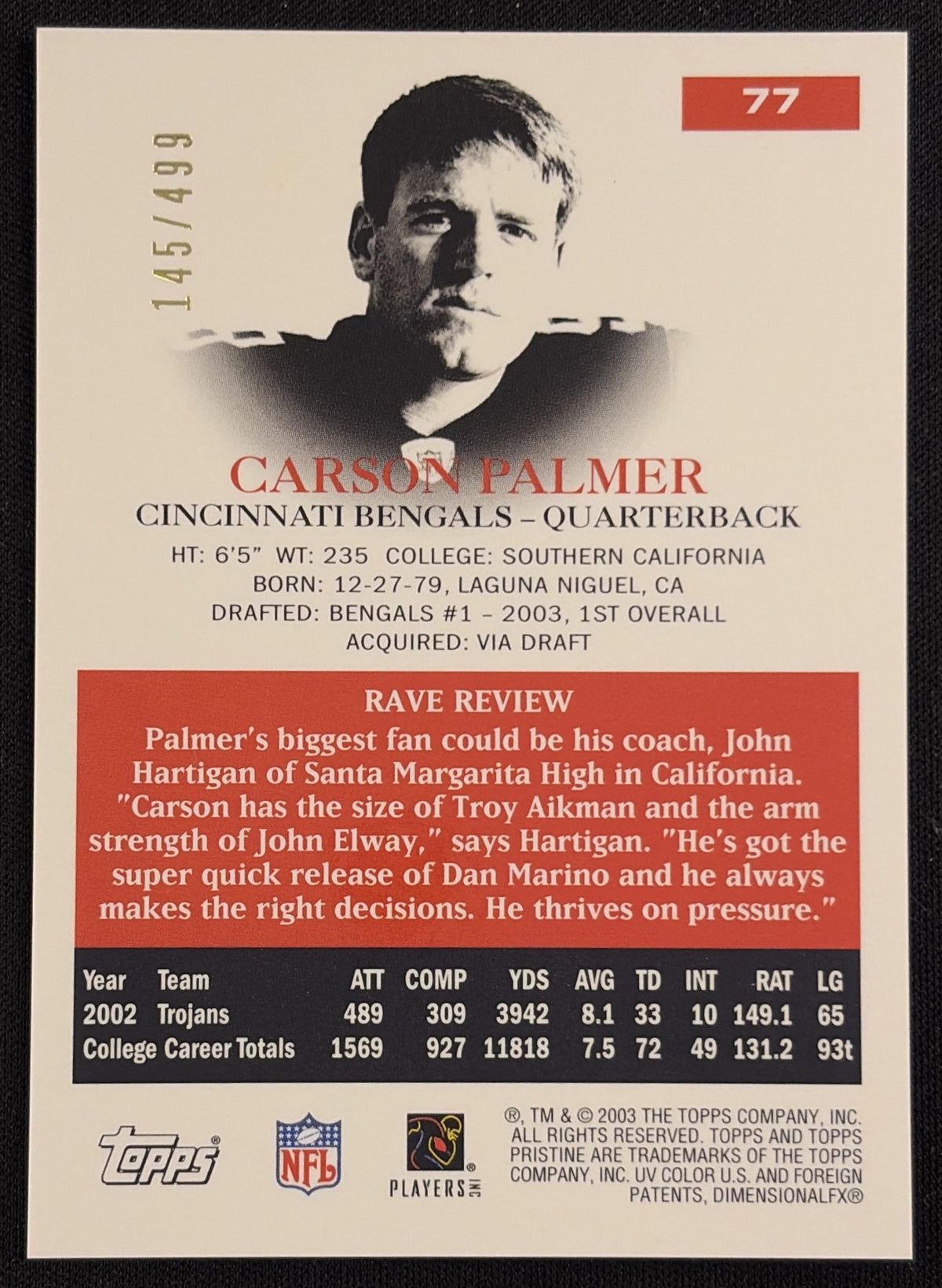 Back of Carson Palmer 2003 Topps Pristine /499 Bengals sports trading card