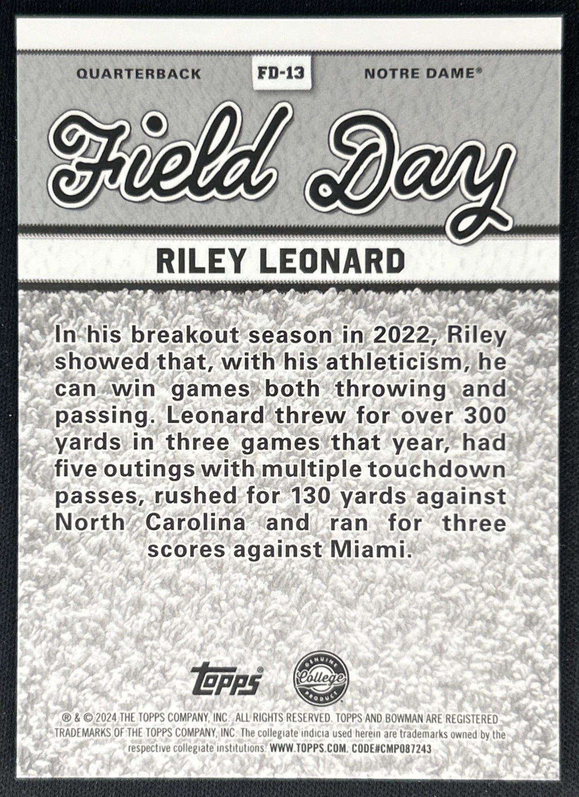 Riley Leonard 2024 Best University Field Day Teal Refractor /15 Fighting Irish Sports Trading Cards
