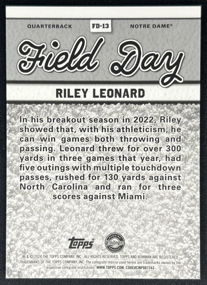 Riley Leonard 2024 Best University Field Day Teal Refractor /15 Fighting Irish Sports Trading Cards