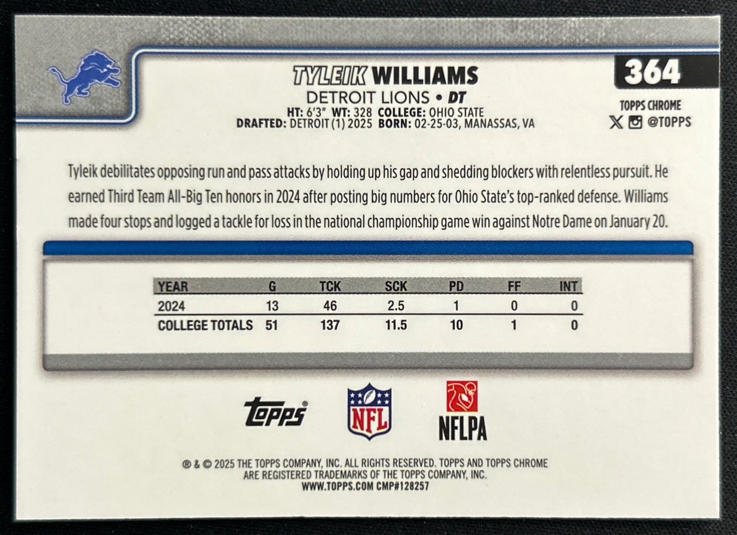 Tyleik Williams 2025 Topps Chrome Rookie Lions Sports Trading Cards