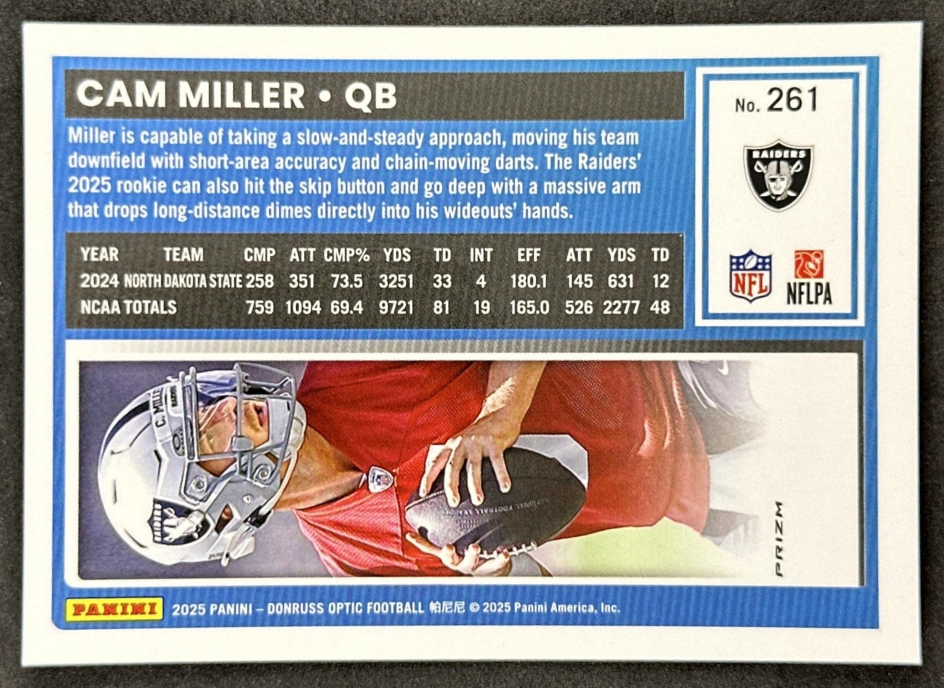 Cam Miller 2025 Panini Donruss Optic Rated Rookie Blue Hyper Prizm Raiders back sports trading card