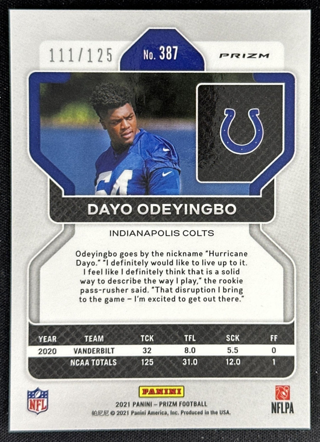 Dayo Odeyingbo 2021 Panini Prizm Purple /125 Colts
