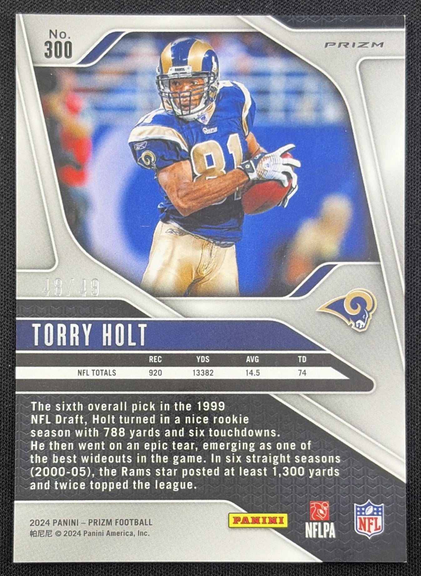 Torry Holt 2024 Panini Prizm Purple Power /49 Rams back