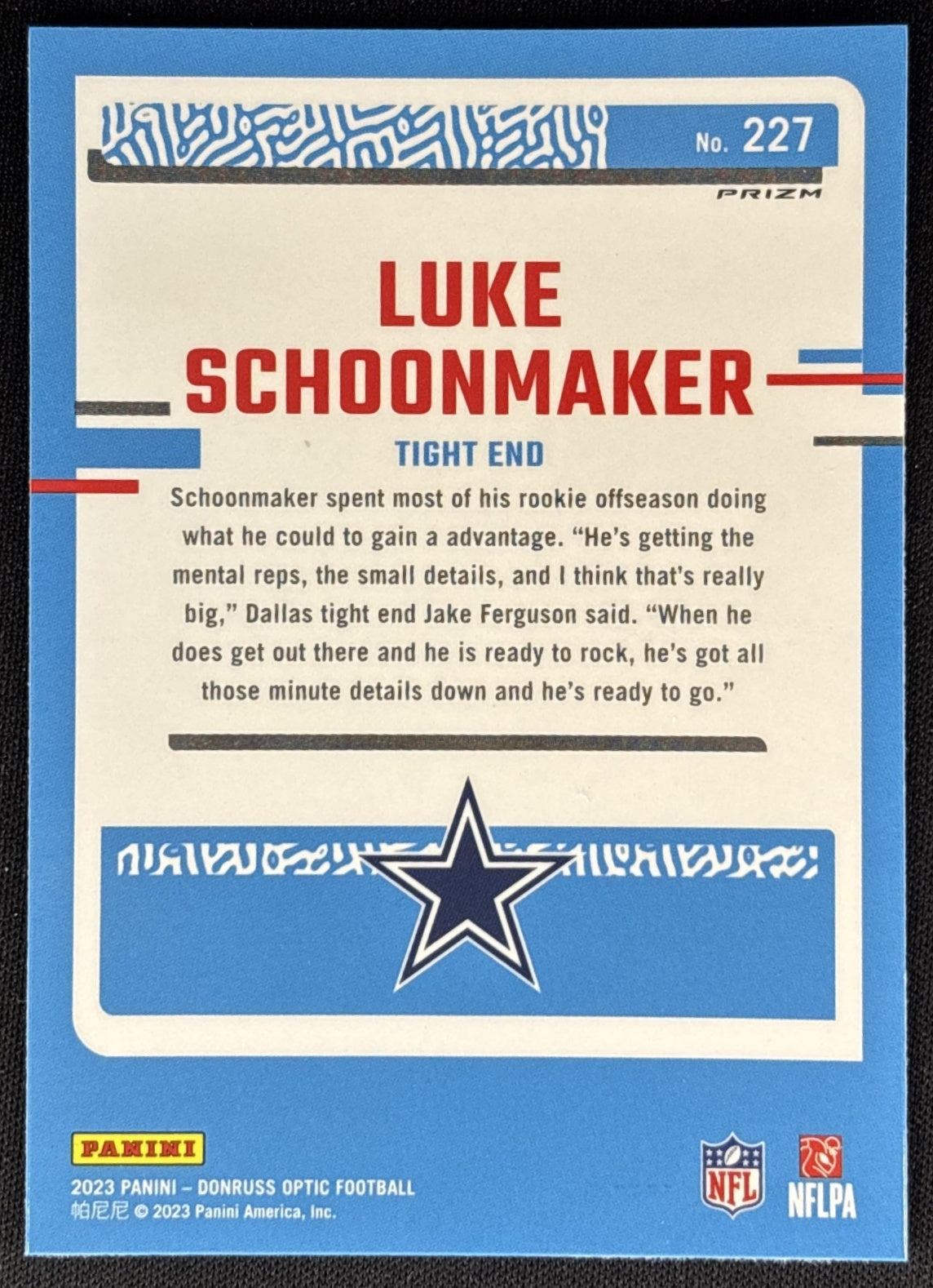 Luke Schoonmaker 2023 Panini Donruss Optic Purple Shock Prizm Cowboys Sports Trading Cards