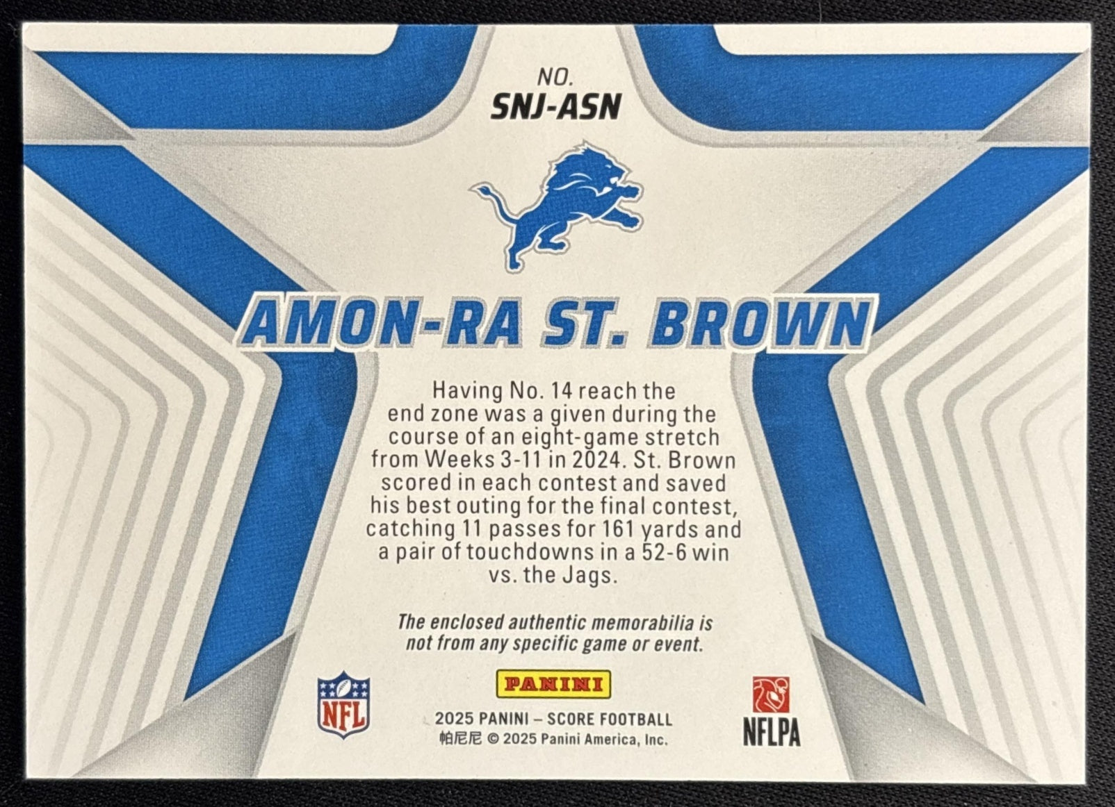 Amon-Ra St. Brown 2025 Panini Score Stars of the NFL Jersey Lions back
