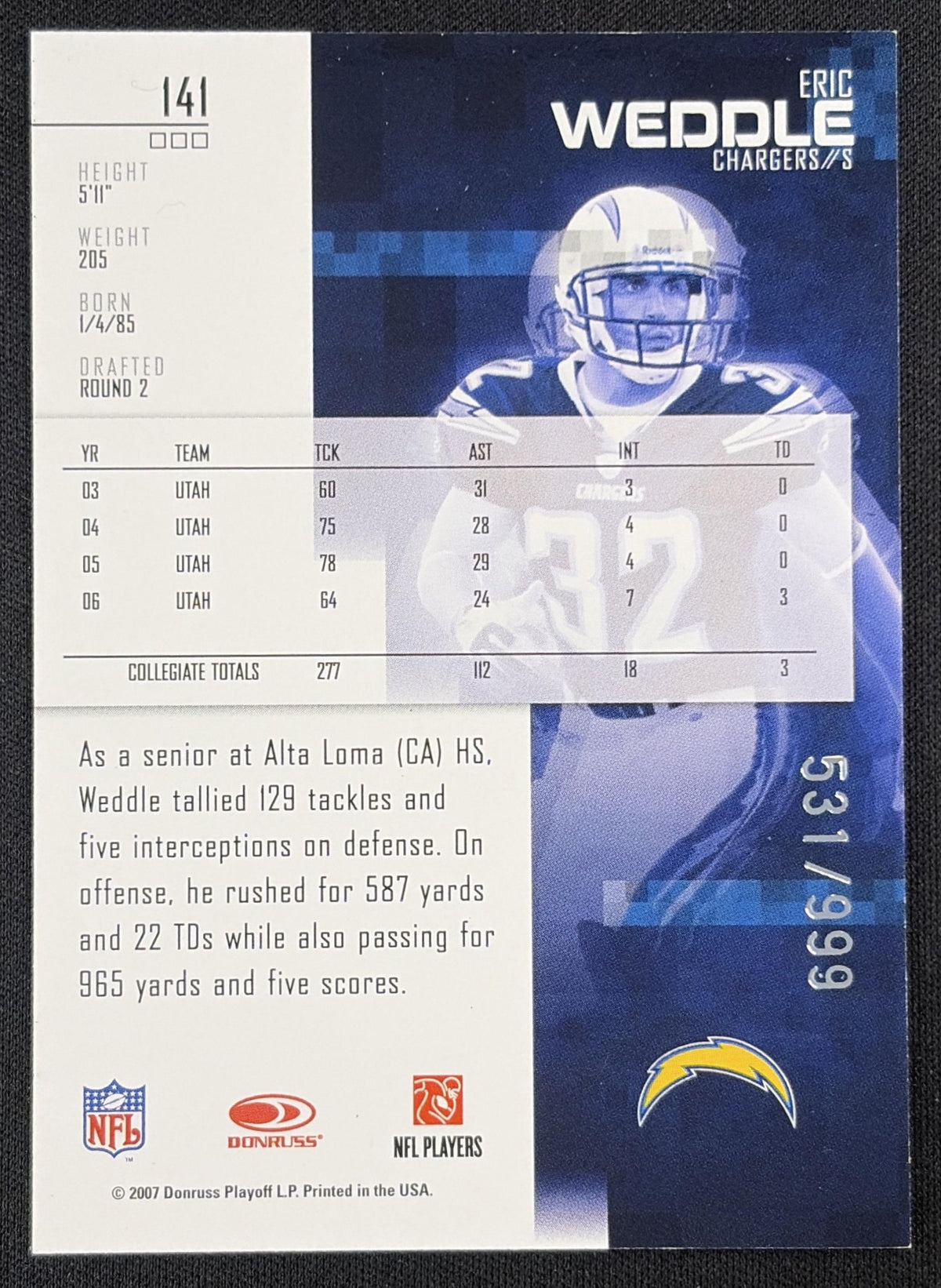 Eric Weddle 2007 Leaf Rookies & Stars /999 Chargers
