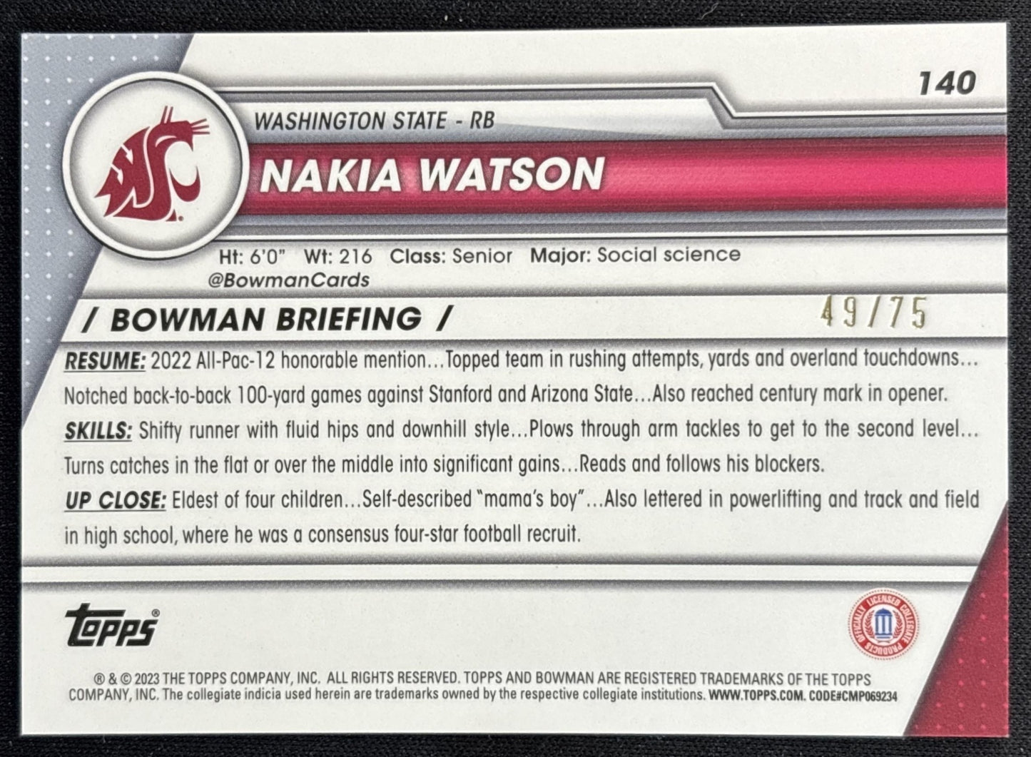 Nakia Watson 2023 Bowman University Chrome Sapphire Yellow /75 back
