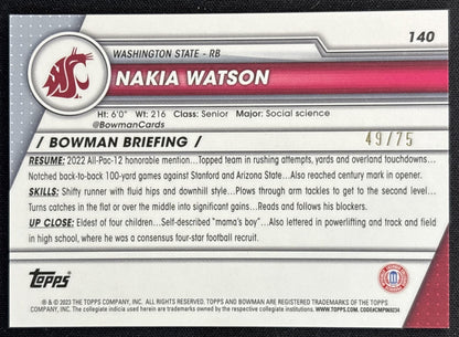 Nakia Watson 2023 Bowman University Chrome Sapphire Yellow /75 back