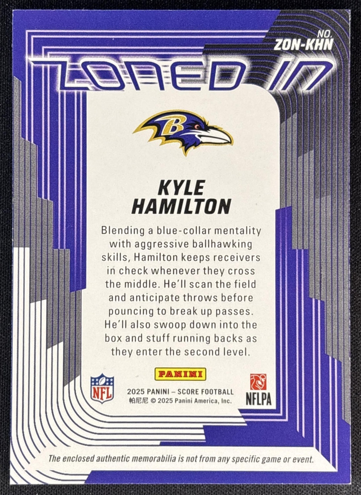 Kyle Hamilton 2025 Panini Score Zoned In Jerseys Ravens Sports Trading Cards