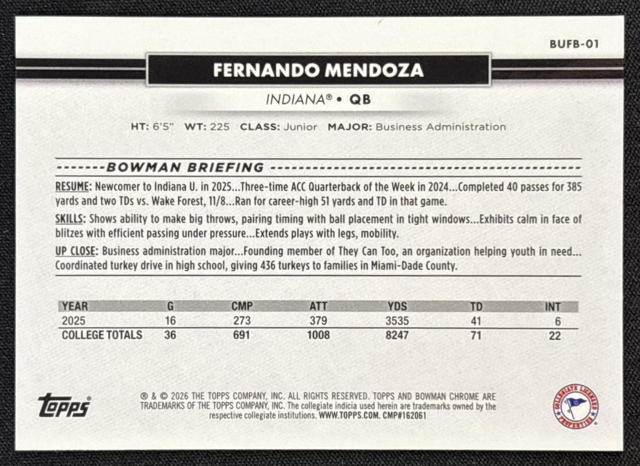 Fernando Mendoza 2026 Topps NSCC Collection Bowman U Chrome Sports Trading Cards