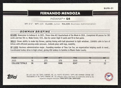 Fernando Mendoza 2026 Topps NSCC Collection Bowman U Chrome Sports Trading Cards