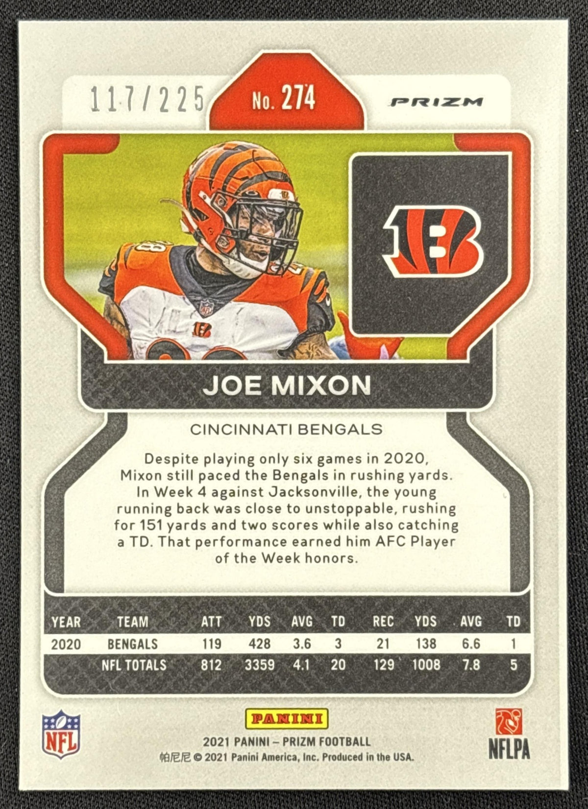Joe Mixon 2021 Panini Prizm Purple Ice /225 Bengals