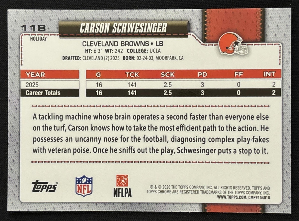 Carson Schwesinger 2026 Topps Holiday Chrome Sparkle Refractor Browns Sports Trading Card