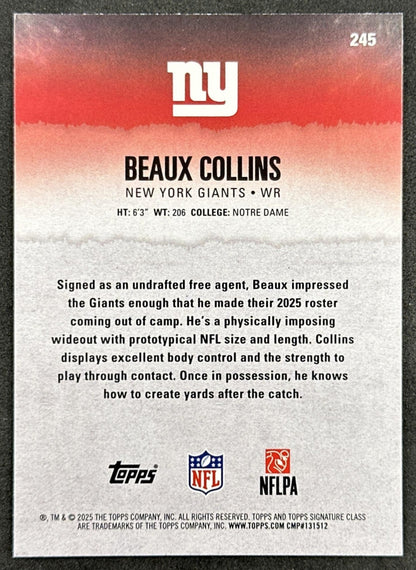 Beaux Collins 2025 Topps Signature Class Rookie Blue & Yellow Foil Giants back