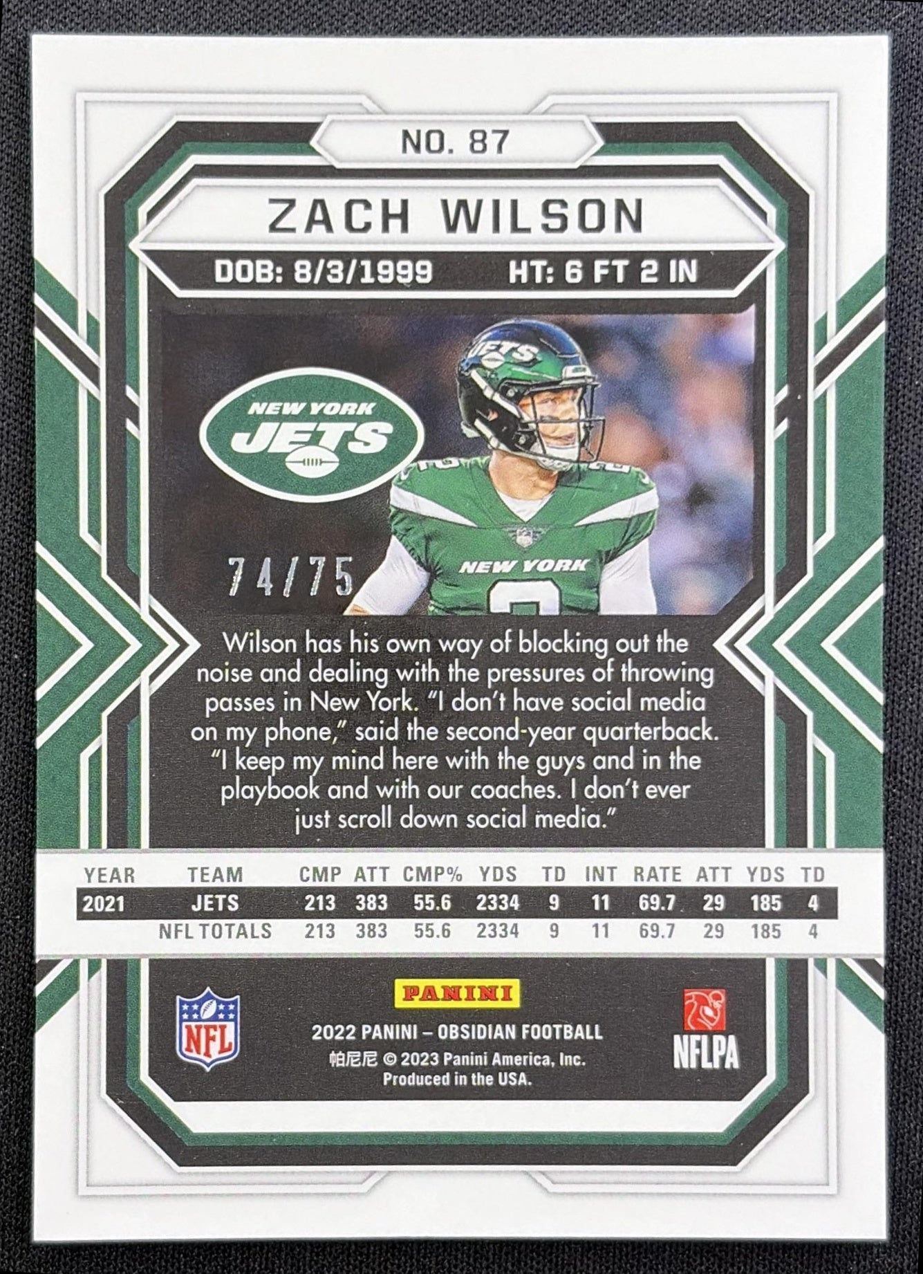 Zach Wilson 2022 Panini Obsidian Electric Etch Orange /75 Jets back
