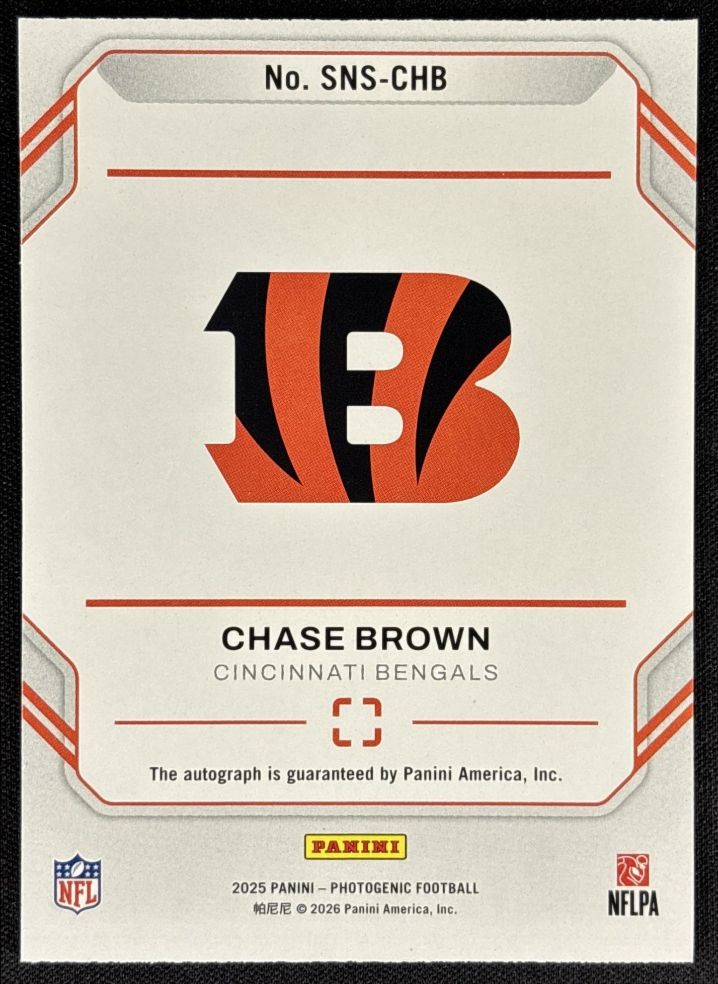Chase Brown 2025 Panini PhotoGenic Snapshot Signatures Blue /49 Bengals - back