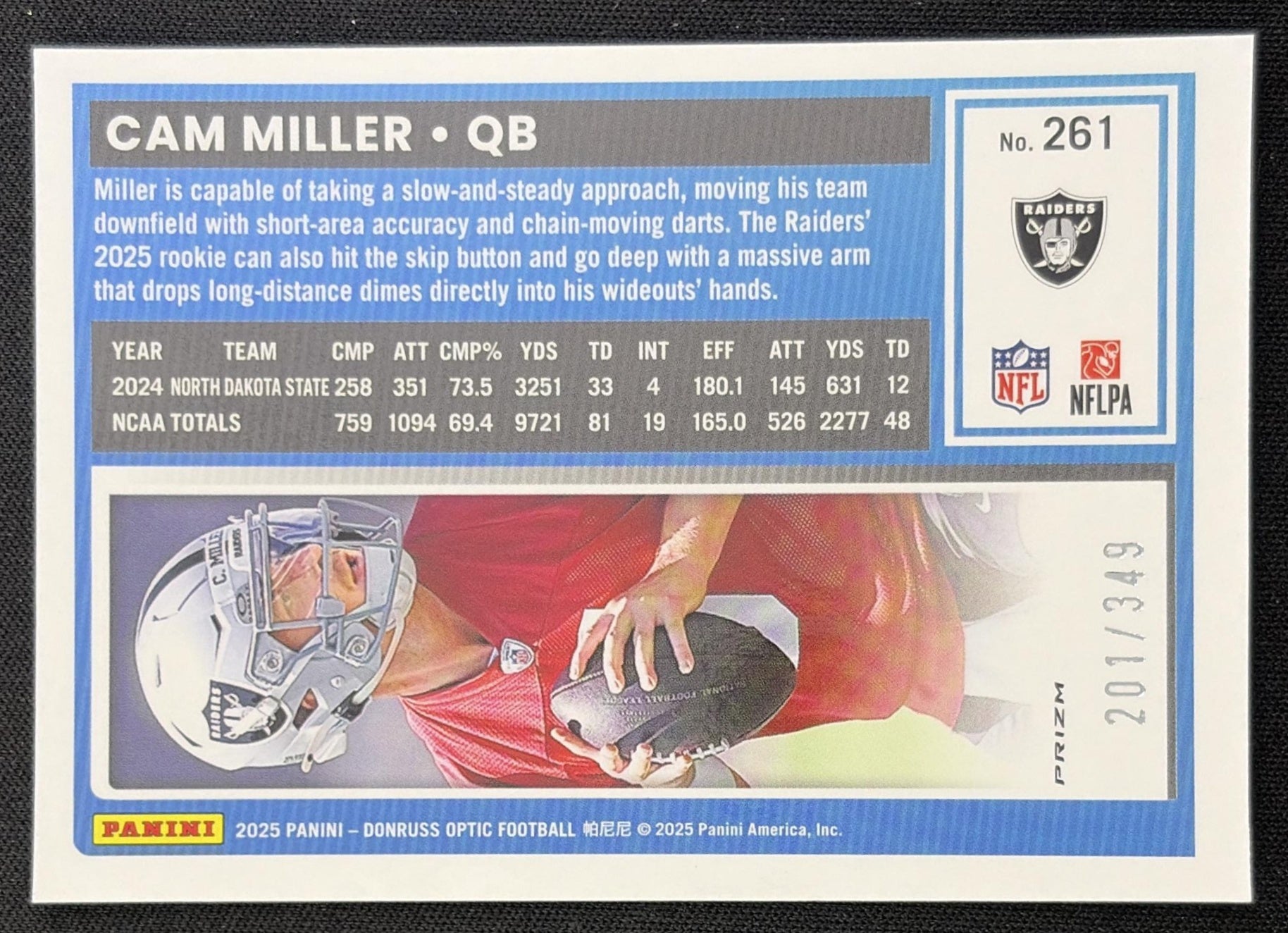 Cam Miller 2025 Panini Donruss Optic Rated Rookie Aqua Prizm /349 Raiders