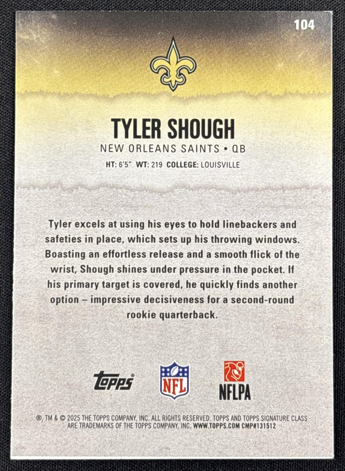 Tyler Shough 2025 Topps Signature Class Rookie Blue & Yellow Foil Saints