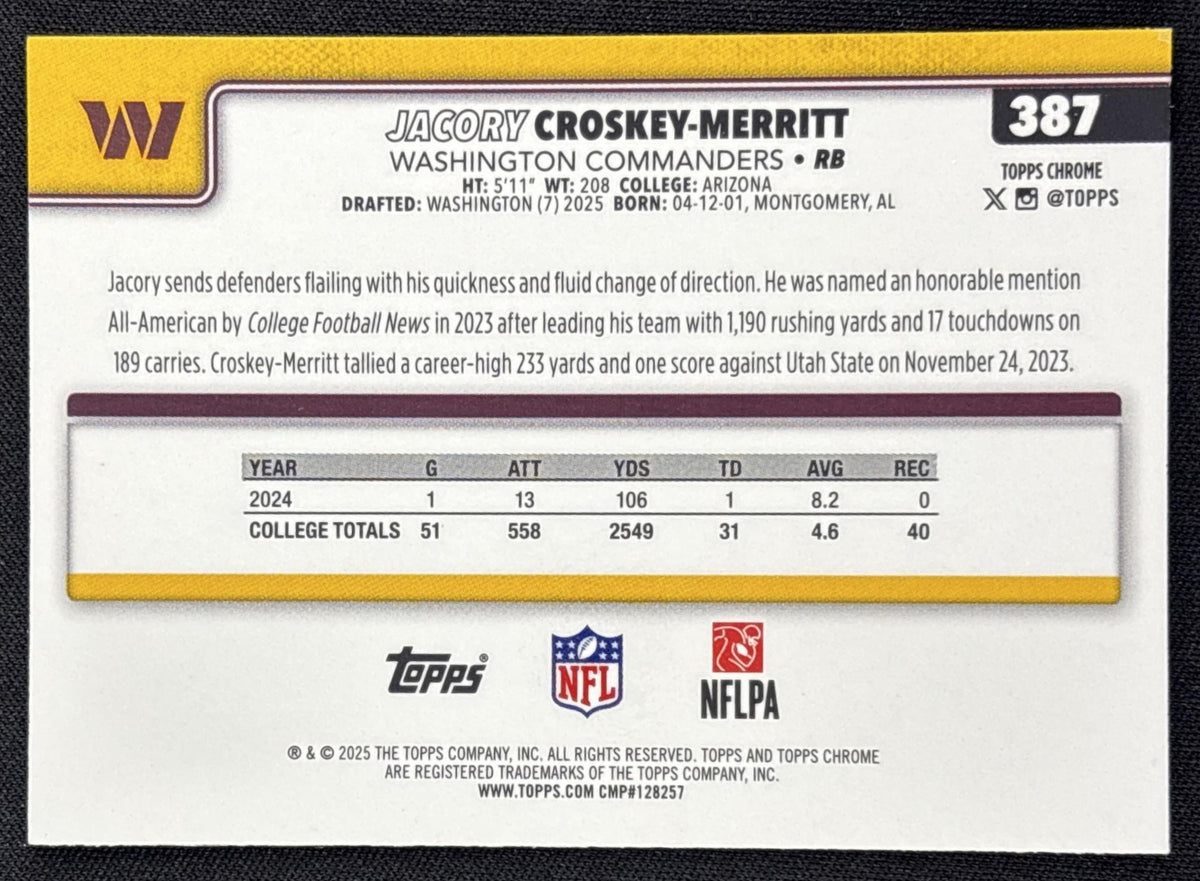 Jacory Croskey-Merritt 2025 Topps Chrome Rookie Teal Wave Refractor /299 Commanders