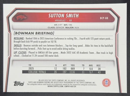 Sutton Smith 2026 Bowman Chrome Prospects Speckle Refractor Razorbacks