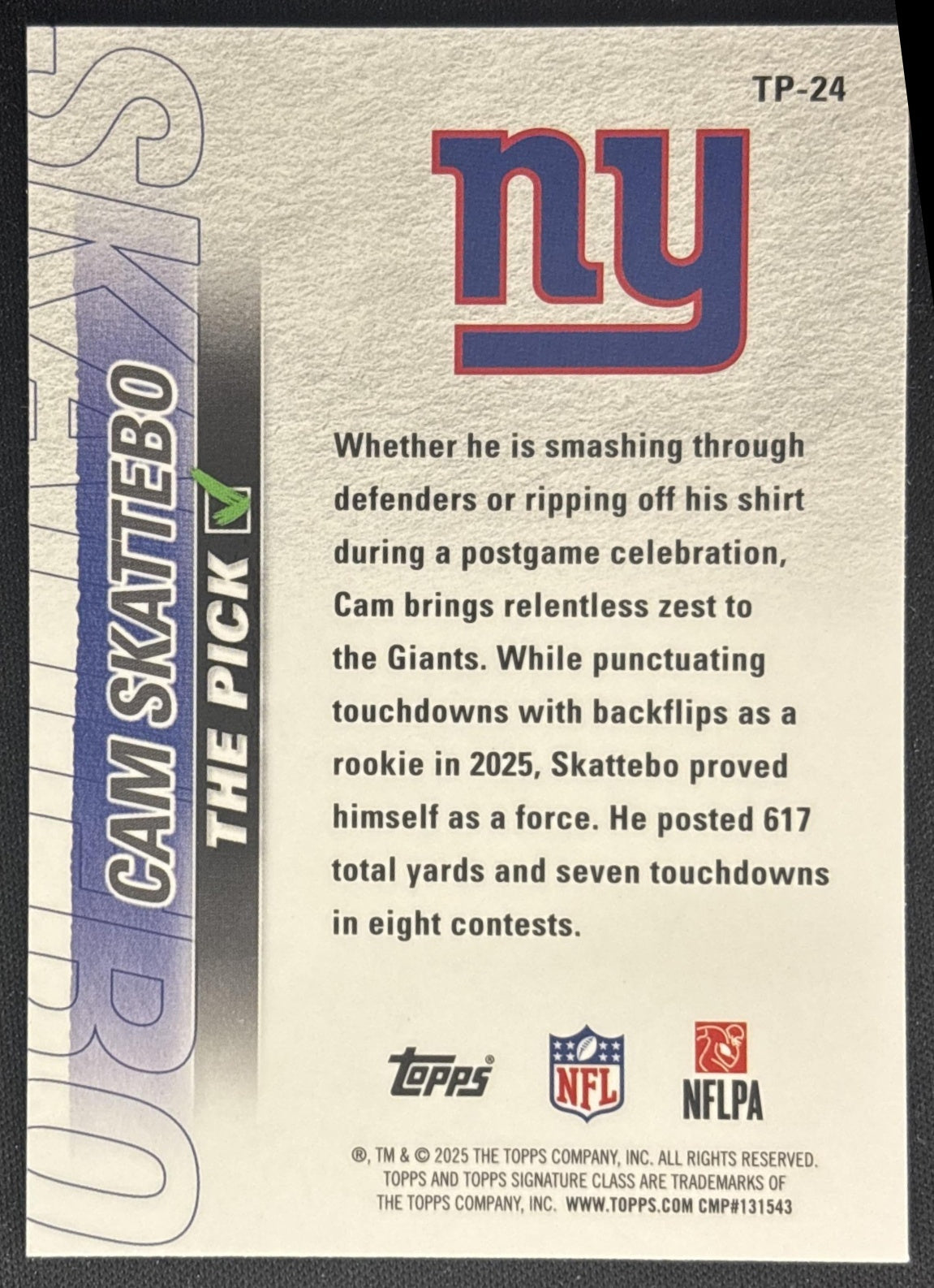 Cam Skattebo 2025 Topps Signature Class The Pick Giants back