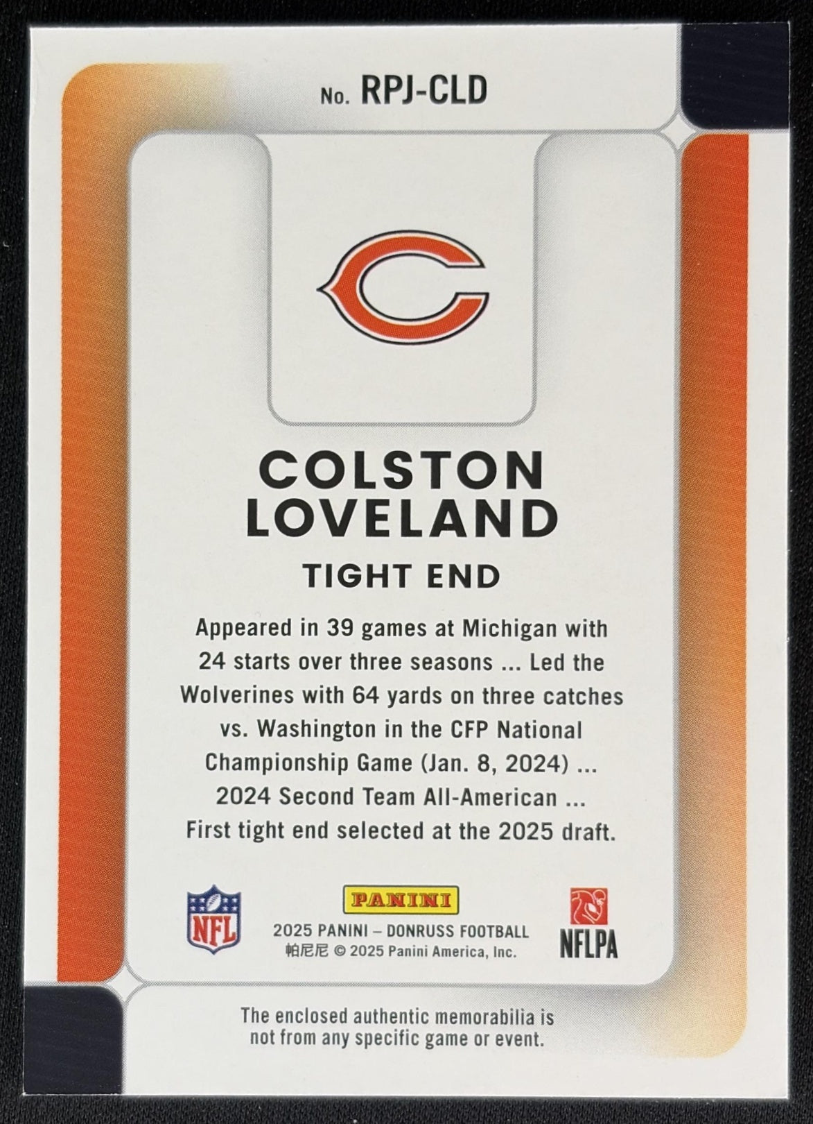 Colston Loveland 2025 Panini Donruss Rookie Phenom Jerseys Bears back