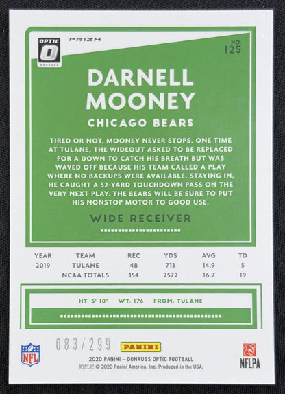 Darnell Mooney 2020 Panini Donruss Optic Aqua Prizm /299 Bears back