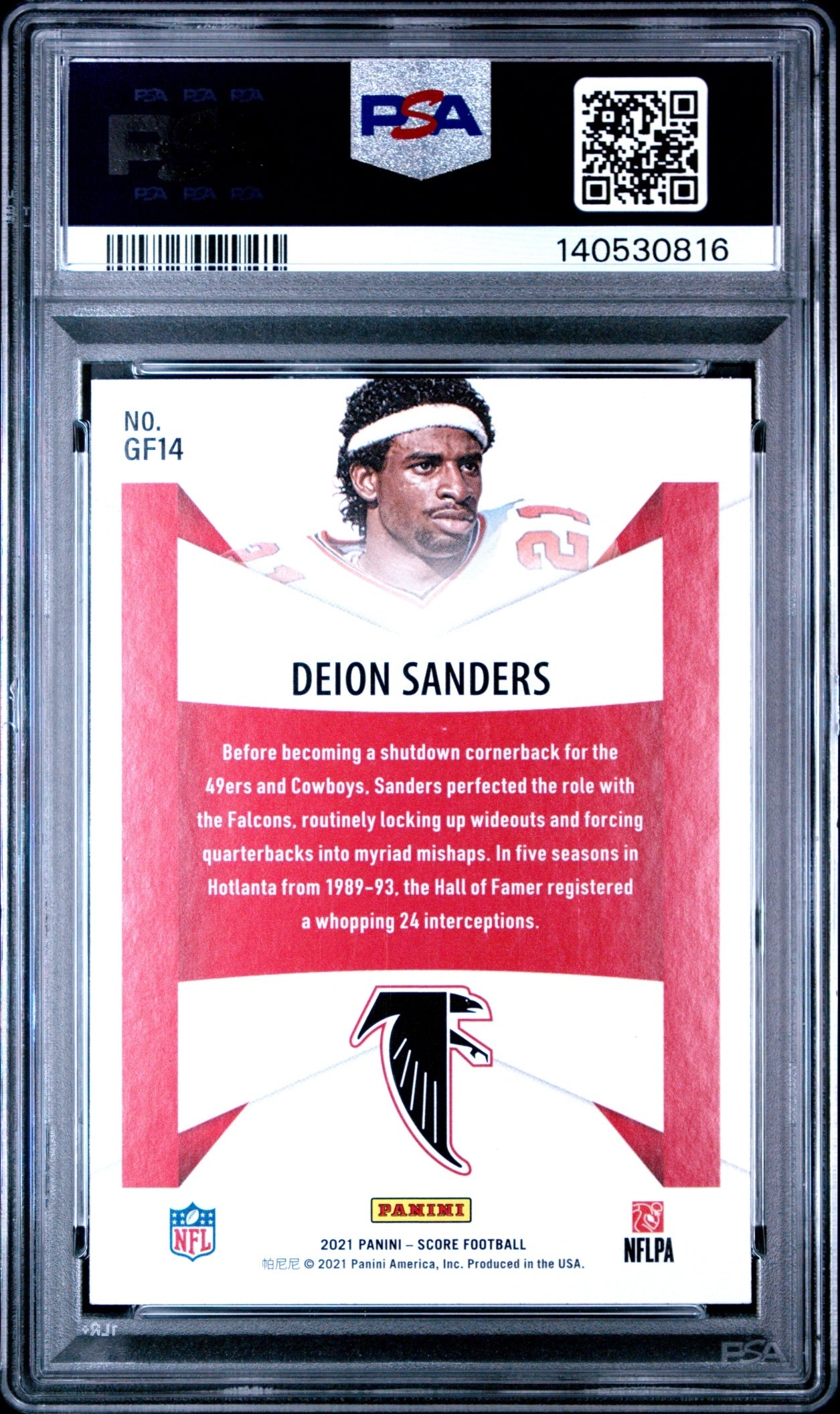 Deion Sanders 2021 Panini Score Game Face PSA 10 Falcons back